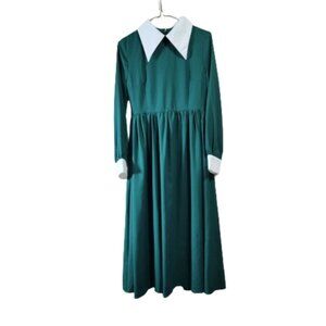 Vintage long sleeves peter pan collar midi dress colir green and white